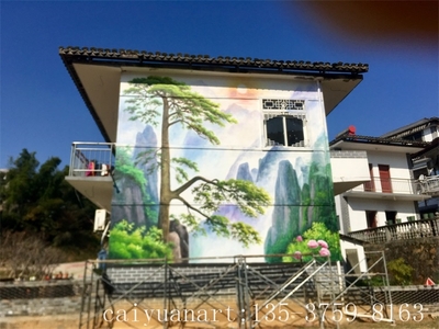彩绘墙画_迎客松彩绘_大型文化墙墙体彩绘-彩圆壁画公司