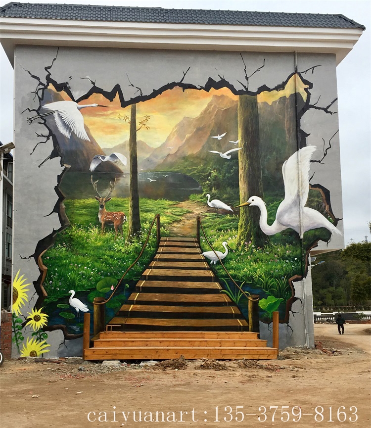 手绘墙画_惠州东莞大型新农村墙体3D风景文化墙-彩圆壁画设计